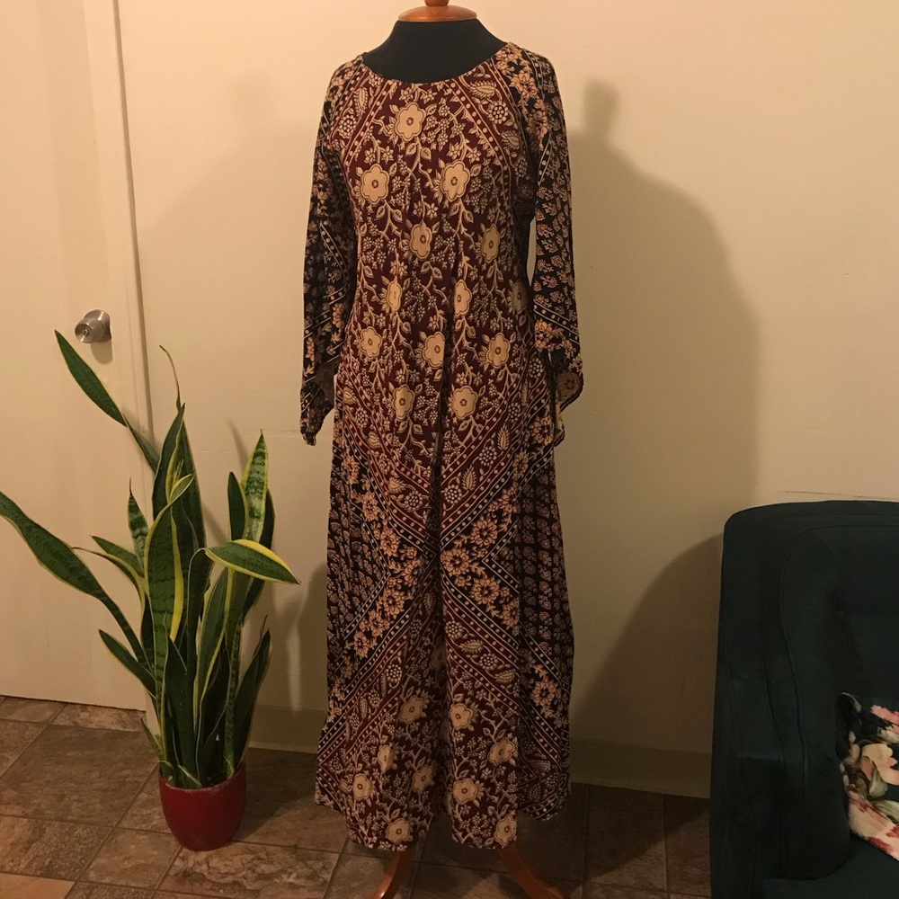 70s Kaiser Cotton Block Print Caftan Boho Dress